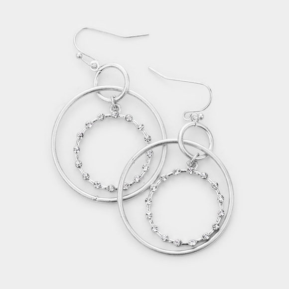 Silver Metal Rhinestone Layered Dangle Hoop Earrings Round Drop Casual Jewelry - Picture 2 of 2